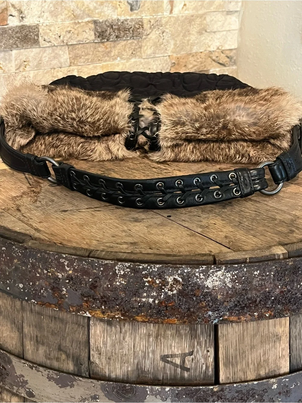 Coach Vintage Black Leather and Rabbit Fur Shoulder Bag